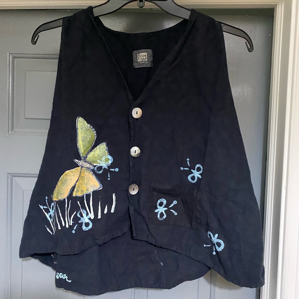 Blue Fish Vintage Hand-Painted Black Butterfly Vest -